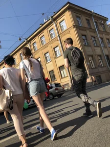 Skinny Legs in Denim Shorts City Street Candid Pics