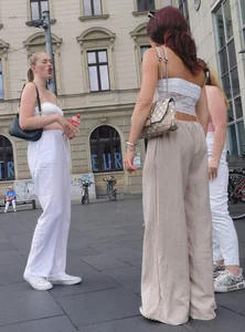 Long blonde braless in a white outfit (many pictures)