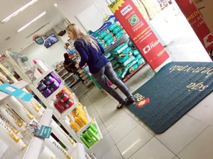 Sexy blonde with a nice ass in tight patterned jeans