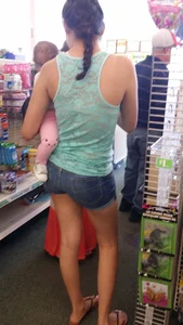 Young Candid Milf in Denim Shorts and Slippers at the Grocery Store