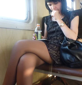 Sexy girls in skirts, stockings and upskirts on the train