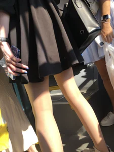 Public bus candid girl in a dress and slim legs in pantyhose