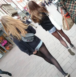 Denim Mini-Shorts and Black Pantyhose City Street Creepshot