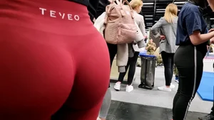 NOT OC - Polish blonde in tight red TEVEO leggings (face shots)