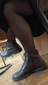 College Girl’s Crossed Legs in Black Pantyhose Under Desk Creepshot