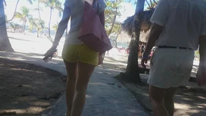 Milf in yellow shorts with vpl and a wedgie