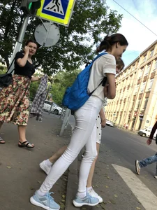 Girl with Hot Skinny Legs in Tight White Jeans at the Crosswalk Street Candid