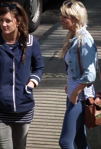 Hot blonde girl in tight blue leggings with nice ass