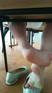 College Girl’s Feet With Flats Taken Off Under Table Candid Photos