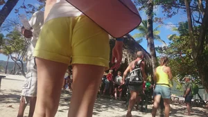 Milf in yellow shorts with vpl and a wedgie
