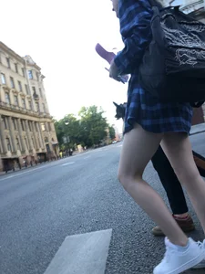 Candid teen with hot slim legs at the crosswalk street creepshots