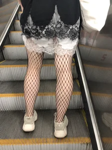 Cute Girl in Lacey Semi-Transparent Dress and Fishnet Pantyhose Subway Escalator Candid Photos Gallery