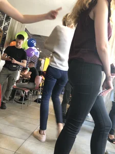 Juicy Young Butt And Skinny Legs in Tight Black Jeans Cafe Closeup Creepshot