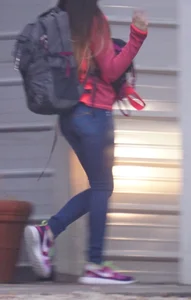 Girl next door teen walking to car in various tight jeans