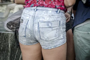 Teen in tight denim shorts