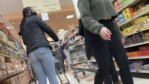 Sexy Asian girl grocery shopping in tight jeans with a nice ass