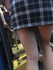 Cute Girl in a Dress and Denim Jacket with Sexy Legs in Sandals Bus Candid Gallery