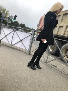 Cute Smoking Hot Blonde in High-Heeled Shoes and Tight Pants on the Crosswalk Candid Photo Collection