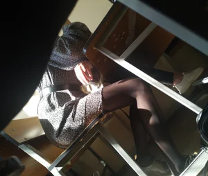 Teen in a Dress and Black Pantyhose in Classroom Legs Closeups