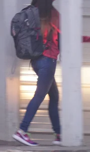 Girl next door teen walking to car in various tight jeans