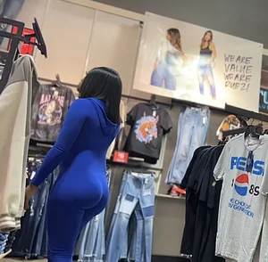 Thick mesmerizing ebony in a tight blue one piece