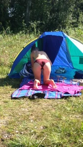 Topless Girl Standing Doggy Style in Panties By Her Tent Creepshot