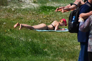 Lying in Swimsuit in the Park on Grass - Skinny Girl With Hot Booty