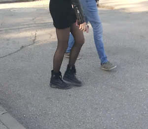 Hottie in a skirt and black pantyhose street creepshots