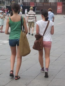 Two Skinny Candid Girls in Shorts Street Creepshot