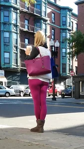 Pink leggings blonde at the bus stop