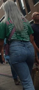 Blonde girl wearing blue jeans with a great ass street creepshots