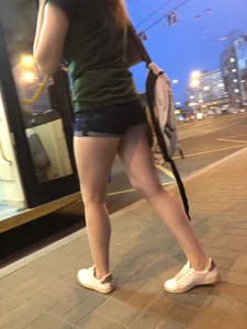 Girl in Denim Mini Shorts with Great Legs City Bus Stop Candid
