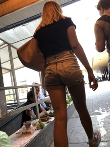 Teen in Denim Shorts Walking up the Stairs Closeup Creepshots