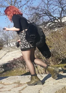 Chunky redread in a skirt and pantyhose street pics