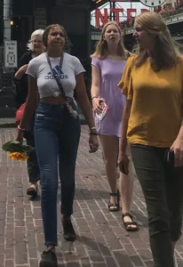 Big boobed babe with no bra and blonde friend with tiny boobs