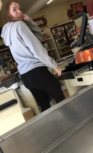 Grocery store employee in Under Armour leggings with an amazing ass and camel toe