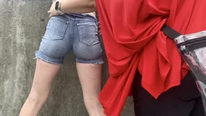 Tight ass in grey jean shorts.