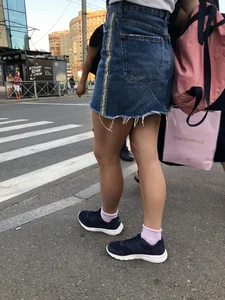 Girl in Denim Skirt with Hot Skinny Legs Street Candid