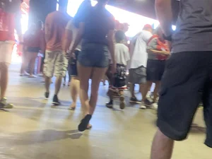 Bunch of girls in various outfits at a Cardinals baseball game