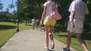 Milf in yellow shorts with vpl and a wedgie