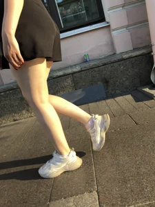 Nice Candid Legs in a Short Dress and White Sneakers Closeups