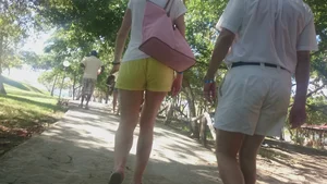 Milf in yellow shorts with vpl and a wedgie