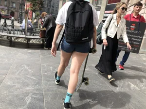 Hot chunky skater girl wearing denim shorts