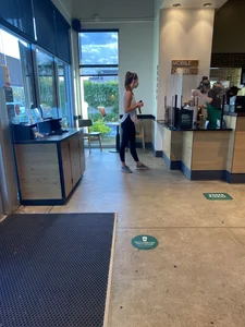 Hot blonde getting coffee