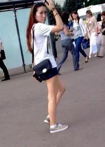 Skinny Asian Girl in Mini Shorts with Thin Legs Street Creepshots