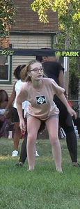 Nerdy blonde teen plays in tight short shorts