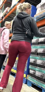 Pawg in red yoga pants bends over, upshots, long follow