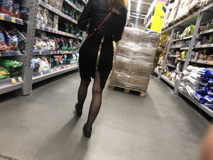 Nice legs in black pantyhose and hot ass in zipper skirt, hot chick on high heels at the supermarket creepshots